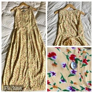 Vtg 90s Ditsy Floral Sleeveless Button Tie Maxi Dress 12 Cottage Garden Summer